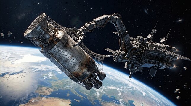 Satellite capturing space debris with robotic arm