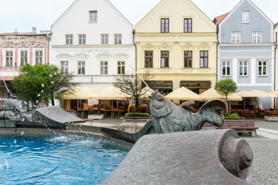 Bronze fish fountain decorating Marianske Square in Zilina, Slovakia. Water jets, colorful historic burgher houses, and the beautifully preserved medieval square create one of the city's most recogniz