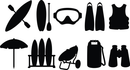 Flat black silhouette water sports and summer beach equipment icons featuring kayak surfboard and diving gear © MdArafat