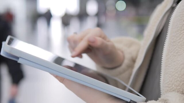 Person holds tablet, taps screen. Background shows blurred airport hallway. Hand interacts with device. Focus on interaction, not brand or logo