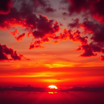 Crimson sky bleeds as sun dips below horizon, painting clouds fiery orange and deep purple,  golden hour,  evening