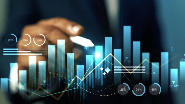 Business person touching a digital holographic financial chart with glowing bars and data icons animation, Hologram market analysis growth strategy and modern technology