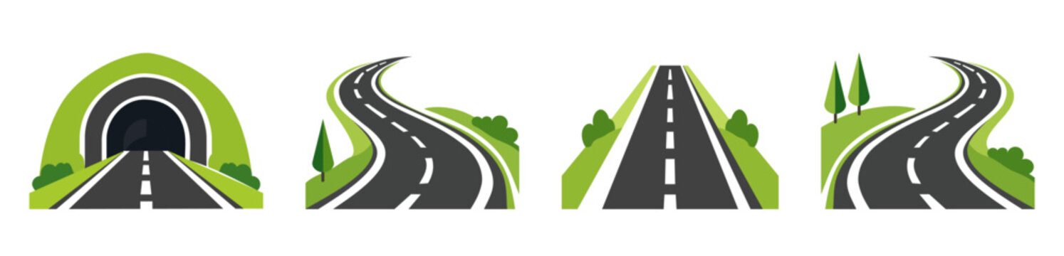 Road and Highway Landscape Icons Set with Tunnel and Curved Roads Flat Vector