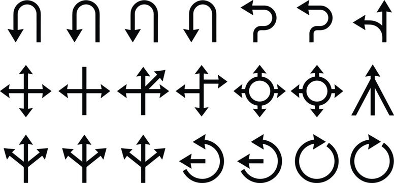 Black and white arrow set, directional indicators, arrows collection, up down left right arrows, diagonal arrows, curved arrows