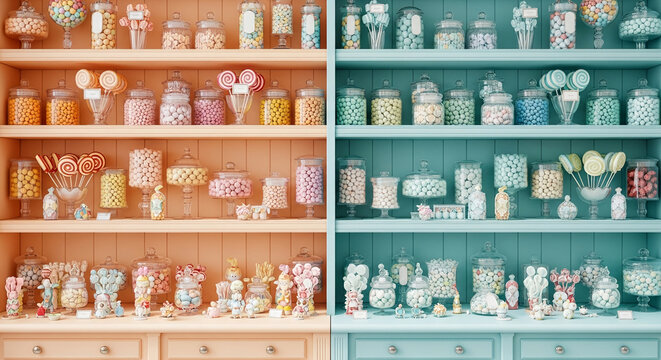 Shelves of colorful candies and lollipops in glass jars, showcasing sweet treats and festive displays, perfect for celebrations or sweet shop concepts