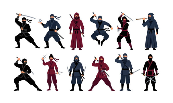 Collection of Diverse collection of ninja warriors in various poses with weapons.