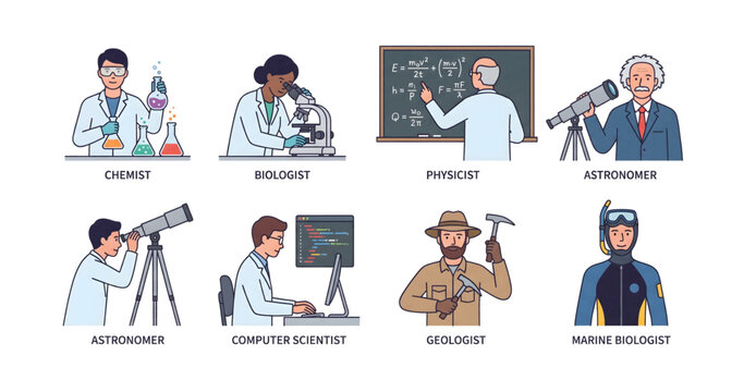 Collection of Colorful illustration of various scientist professions at work.