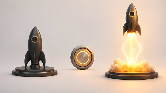 Business launch strategy showing black rocket blasting off from launchpad representing startup growth and innovation