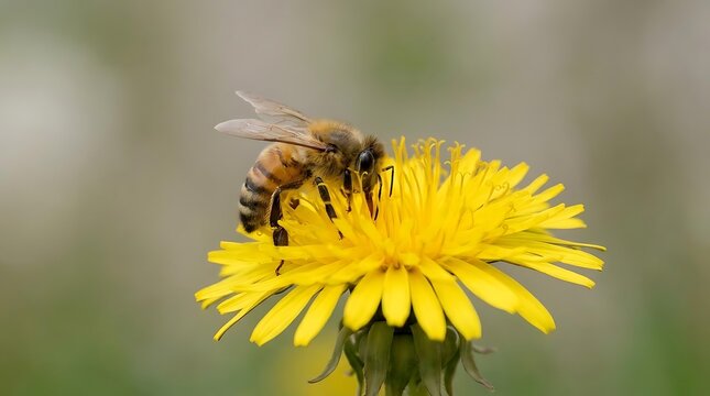 A hardworking honey bee gathering nectar from a bright yellow dandelion flower in a field during spring, capturing the beauty of a natural abeja pollinator