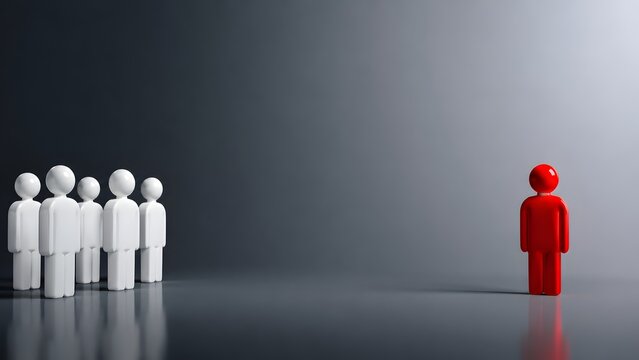 Talent acquisition strategy highlighting standout candidate red figure facing a row of white employee avatars