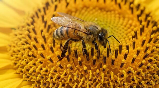 A close-up shot of an abeja collecting nectar and pollen from the center of a vibrant yellow sunflower in a sunny garden during the warm summer season