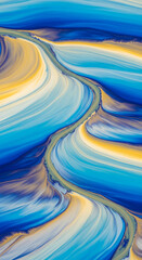 Abstract fluid art with flowing blue, yellow, and white strokes, suggesting movement and depth, representing fluidity and natural patterns