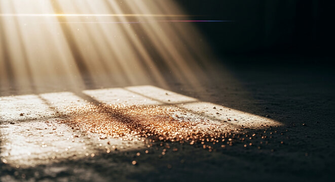 Sunlight streams through a window, illuminating dust motes and a textured surface, symbolizing hope, tranquility, and new beginnings