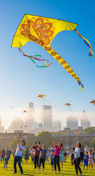 Large yellow kite with intricate pattern soars against a clear blue sky above a city skyline and a park filled with people flying kites