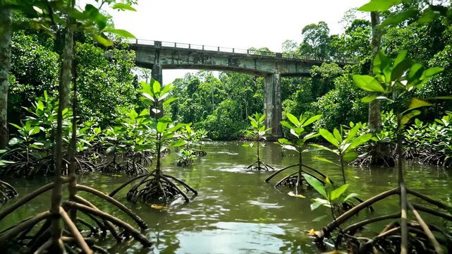 Mangrove forest with bridge in background