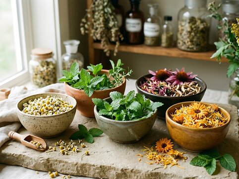 Assortment of fresh and dried herbs in bowls for natural herbal medicine and remedies