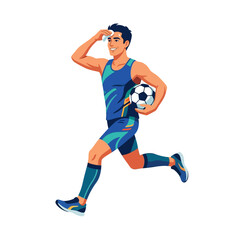 Obraz premium Athletic Man Jogging With Soccer Ball And Wiping Sweat Fresh And Energetic