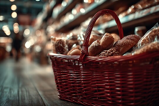 Red woven basket filled with various bread rolls and loaves on a wooden floor keywords: bread