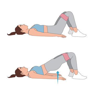 Woman Doing Glute Bridge with Resistance Band 2-Step Progression Vector Illustration