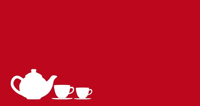 Vector silhouette animation of a teapot and cup isolated on a red background with copy space.