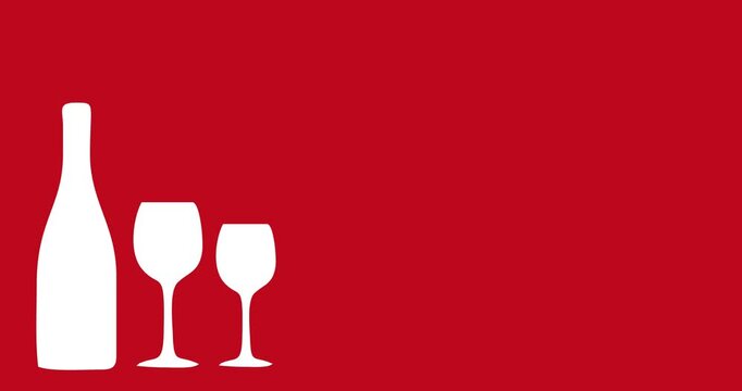 Vector silhouette animation of a beverage bottle and glass, isolated on a red background with copy space.