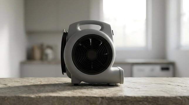 A grey portable air mover standing on a textured stone surface with a blurred kitchen background for professional water damage restoration and drying tasks