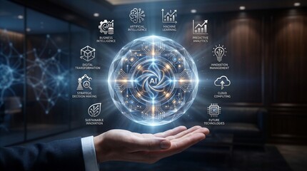 Fototapeta premium Business Hand Presenting Artificial Intelligence Ecosystem for Digital Transformation