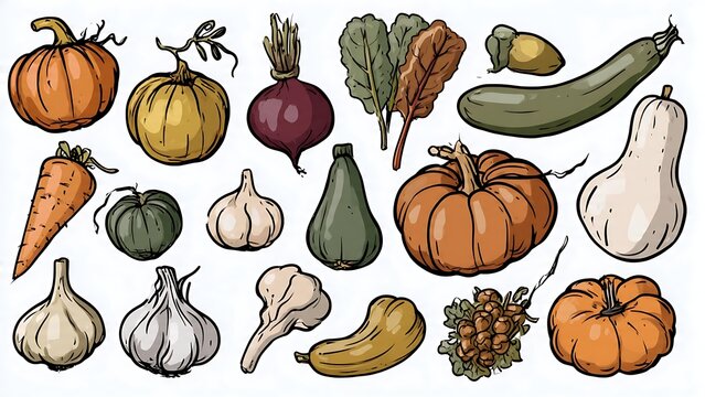 Set of hand drawn various autumn vegetables and pumpkins.