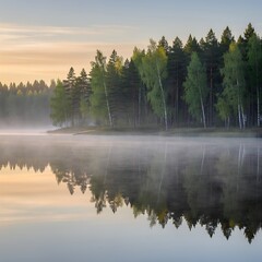 Serene morning mist over a calm forest lake. © Jinem