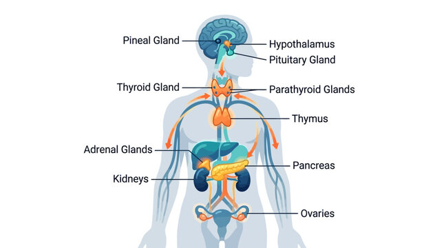 Endocrine system diagram with labeled major glands