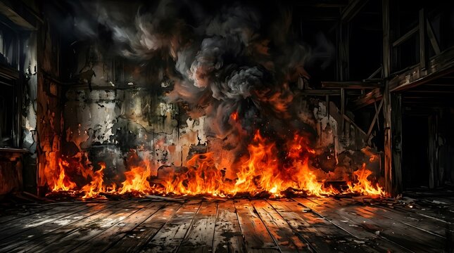 Spooky abandoned building interior engulfed in flames for a dark and cinematic happy halloween background design