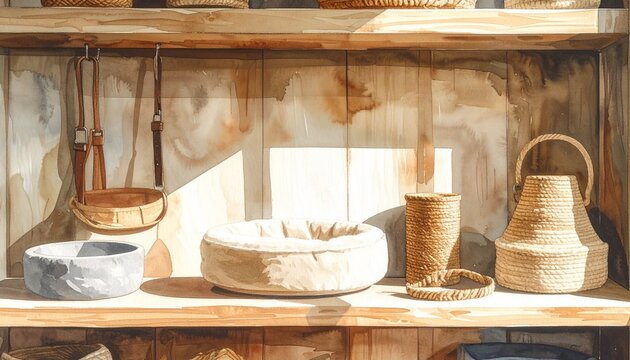 Traditional Japanese sake set on wooden table with scroll.