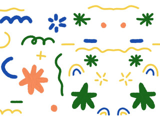 Obraz premium A set of colorful hand-drawn doodle shapes and organic design elements on a transparent background.