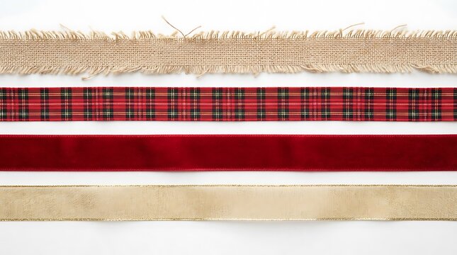 Four vibrant fabric ribbons stacked in parallel lines. Colorful textile strips for crafting, fashion, and design projects.