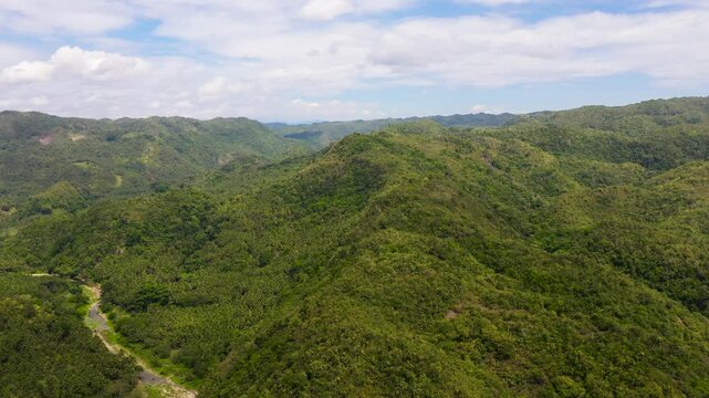 Mountain landscape with clouds. Evergreen forest on a tropical island. Summer and travel vacation concept. A river in the mountains on Leyte Island, Philippines.