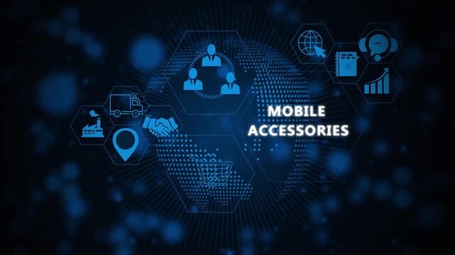 Digital mobile accessories business concept featuring animated global network connectivity and futuristic data interface hud for e-commerce marketing and corporate technology presentations
