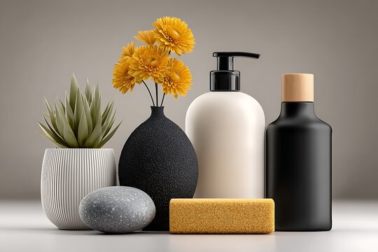 Bathroom countertop arrangement with yellow flowers, succulent, and soap dispensers keywords