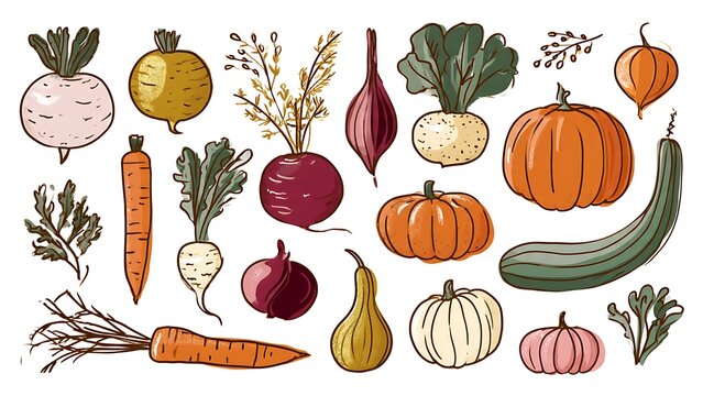 Set of hand drawn various autumn vegetables and root crops.