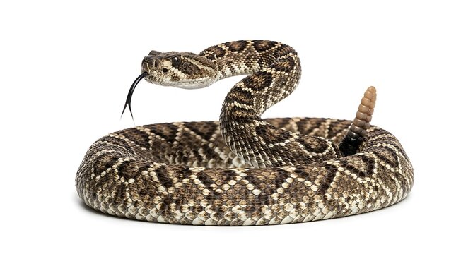 Coiled rattlesnake in defensive strike pose. Venomous pit viper ready to attack with rattle warning sound.