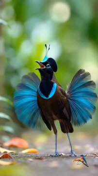  bird of paradise exotic bird tropical bird mating display courtship ritual blue feathers vibrant plumage wildlife photography birdwatching rare species rainforest bird nature portrait crested bird 