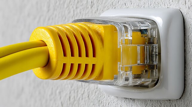 Close-up of a bright yellow ethernet network cable plugged into a white wall socket