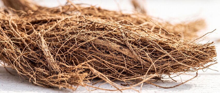 Close up view of raw vetiver roots bunch used for essential oil extraction and traditional herbal medicine with detailed organic dry fibrous texture and earthy tones.