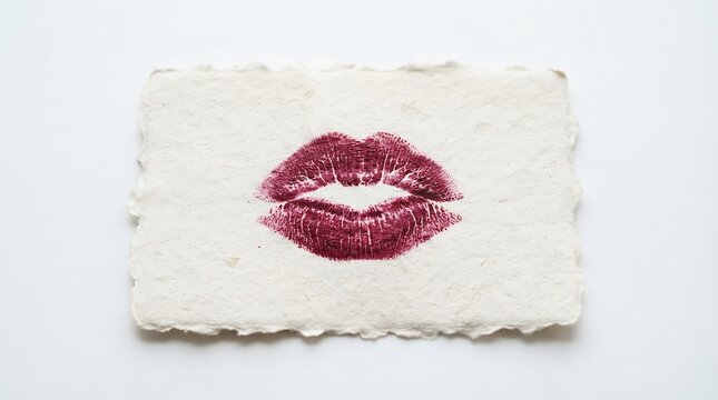 Red lipstick kiss mark on paper texture. Vibrant cosmetic imprint for beauty and romance campaigns.