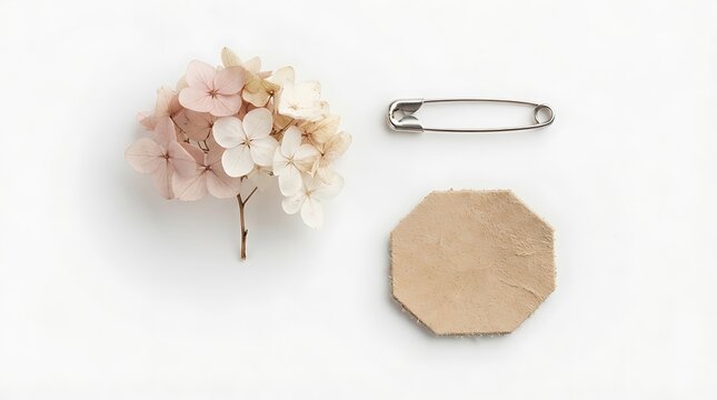 Wedding bouquet and gold safety pin on white background. Floral arrangement with bridal accessories for event styling and craft projects.