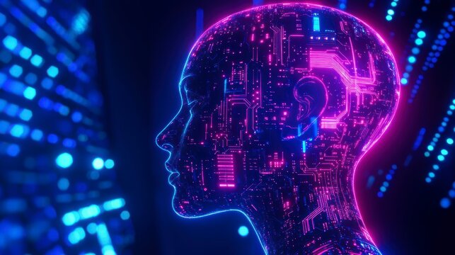 Profile of a glowing female head with circuit board texture, representing AI and technology.