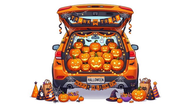 A festive car trunk decorated for a happy halloween trunk or treat event with many glowing pumpkins