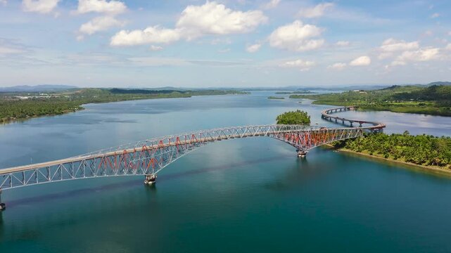 San Juanico Bridge, Philippines. Road bridge between the islands, top view. Summer and travel vacation concept.
