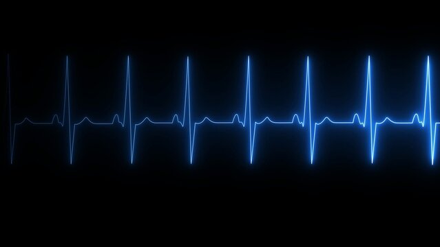 Bright blue glowing heart beat monitor line rhythm isolated on a black background