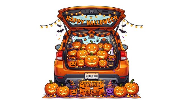 Festive trunk or treat car decorated with glowing jack o lanterns for a fun happy halloween celebration