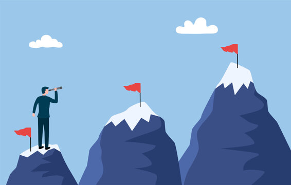 Business goals; Businessman looking binoculars on top of the mountain for looking to another next goal Concept of investment Vector illustration